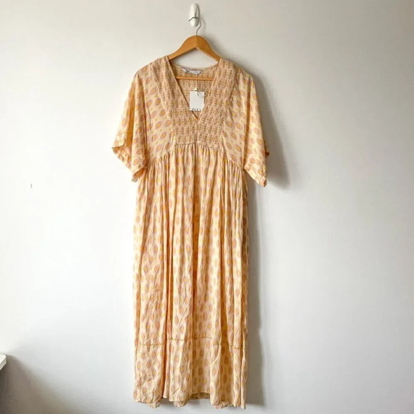 Zara Oversized V Neck Kaftan Midi Dress NWT Yellow Pink Size XS - Picture 3 of 8